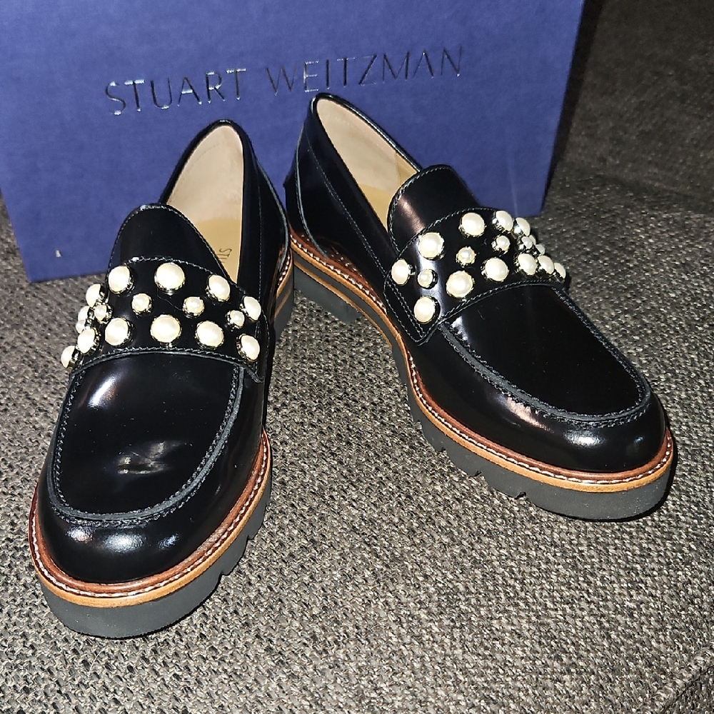 Stuart Weitzman Black Loafers with Pearl Accents